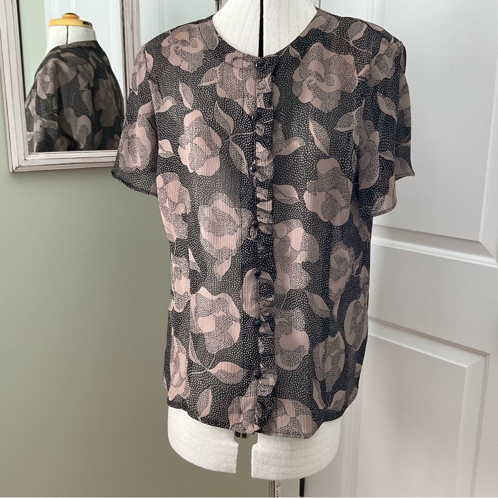 COVINGTON, BLACK AND TAUPE FLORAL PRINTED BLOUSE, SIZE: XL